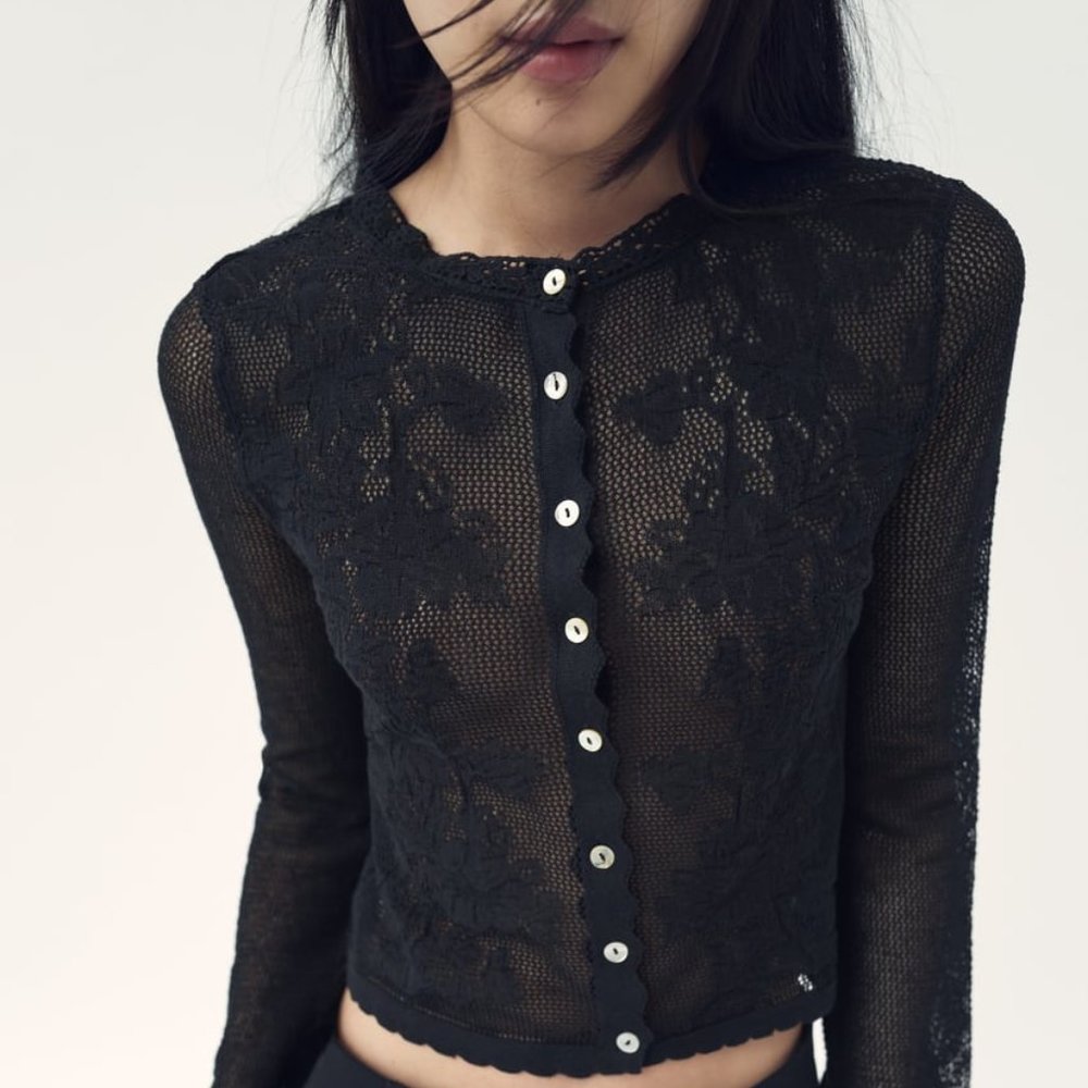 NWT BLACK POINTELLE KNIT CARDIGAN